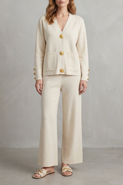 Olivia Turner | Cream Wide-Leg Knit Co-ord Set with Gold Buttons