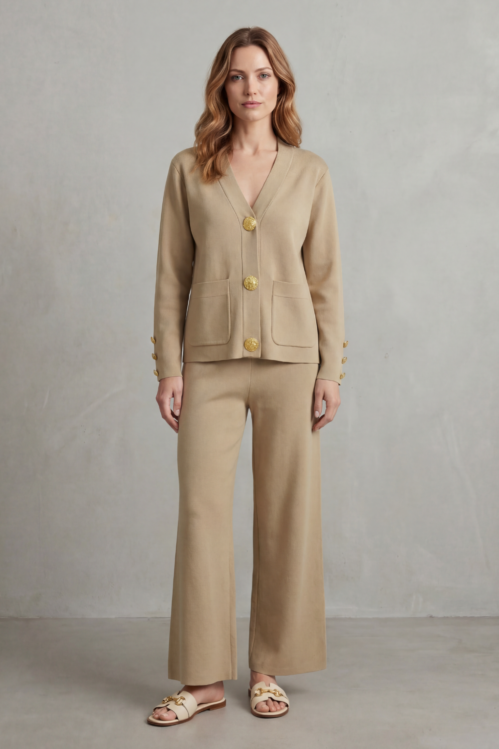 Olivia Turner | Cream Wide-Leg Knit Co-ord Set with Gold Buttons