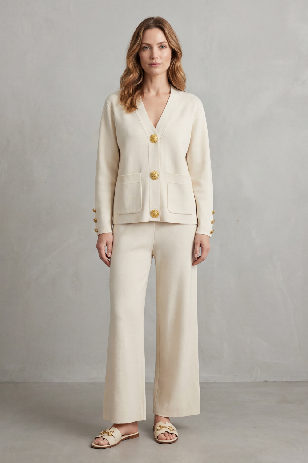 Olivia Turner | Cream Wide-Leg Knit Co-ord Set with Gold Buttons
