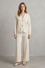 Olivia Turner | Cream Wide-Leg Knit Co-ord Set with Gold Buttons