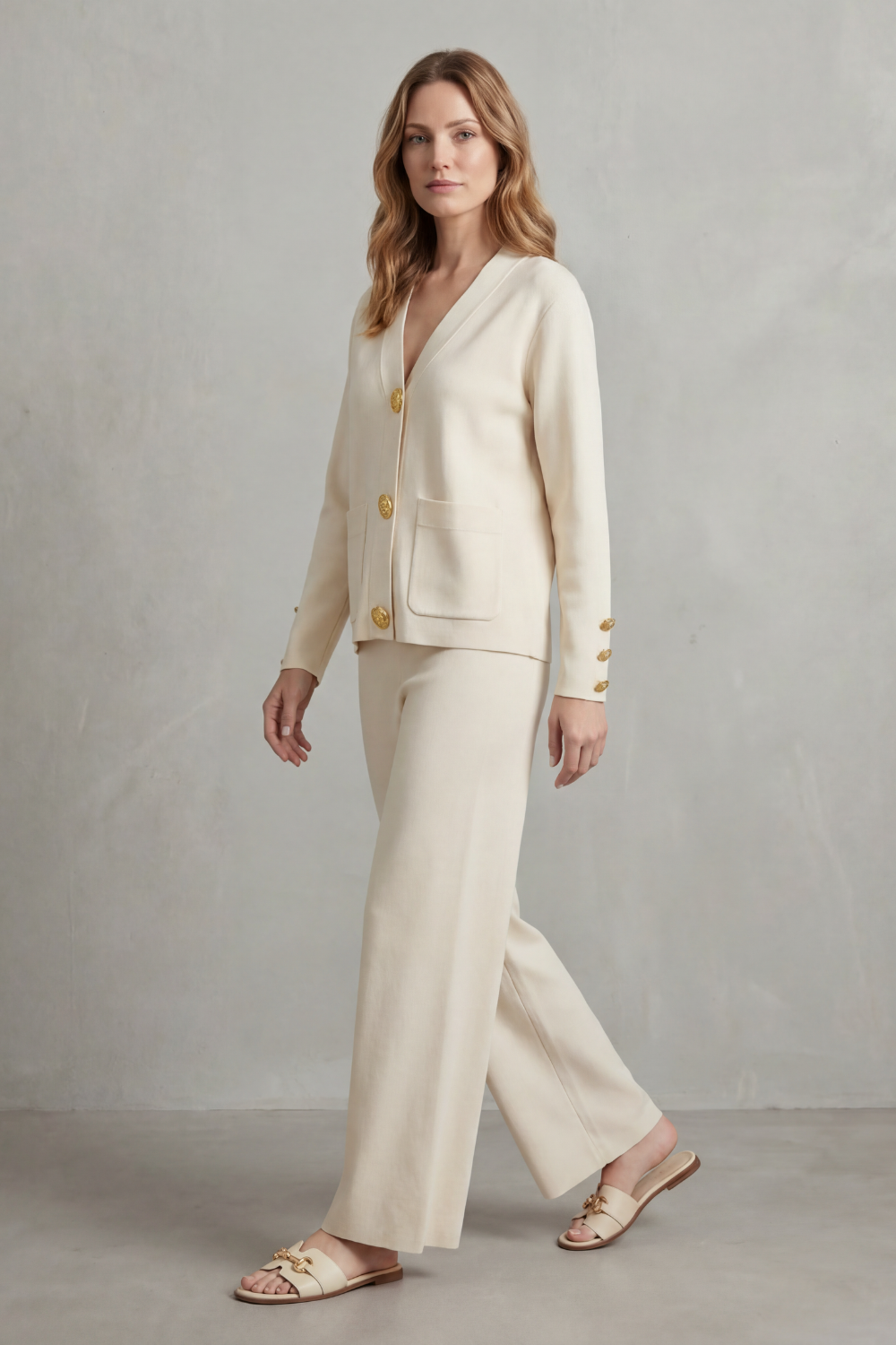 Olivia Turner | Cream Wide-Leg Knit Co-ord Set with Gold Buttons