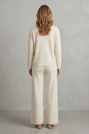 Olivia Turner | Cream Wide-Leg Knit Co-ord Set with Gold Buttons