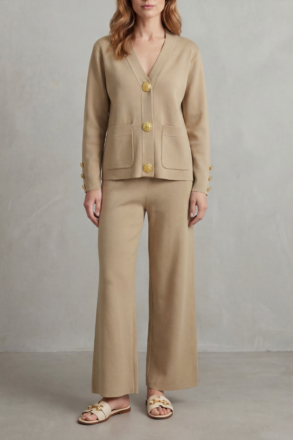 Olivia Turner | Cream Wide-Leg Knit Co-ord Set with Gold Buttons