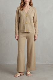 Olivia Turner | Cream Wide-Leg Knit Co-ord Set with Gold Buttons