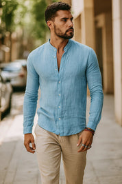 Luca Moretti | Linen Collarless Shirt For Men