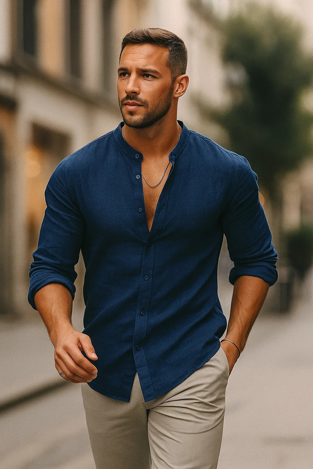 Luca Moretti | Linen Collarless Shirt For Men