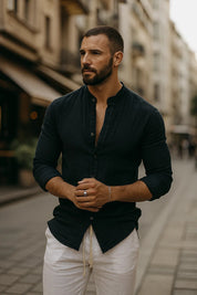 Luca Moretti | Linen Collarless Shirt For Men