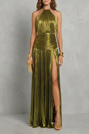 Olivia Harrison | Metallic Rose Halter Maxi Dress with Pleated Skirt