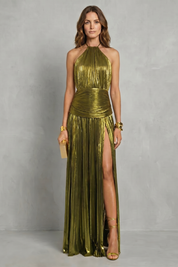 Olivia Harrison | Metallic Rose Halter Maxi Dress with Pleated Skirt