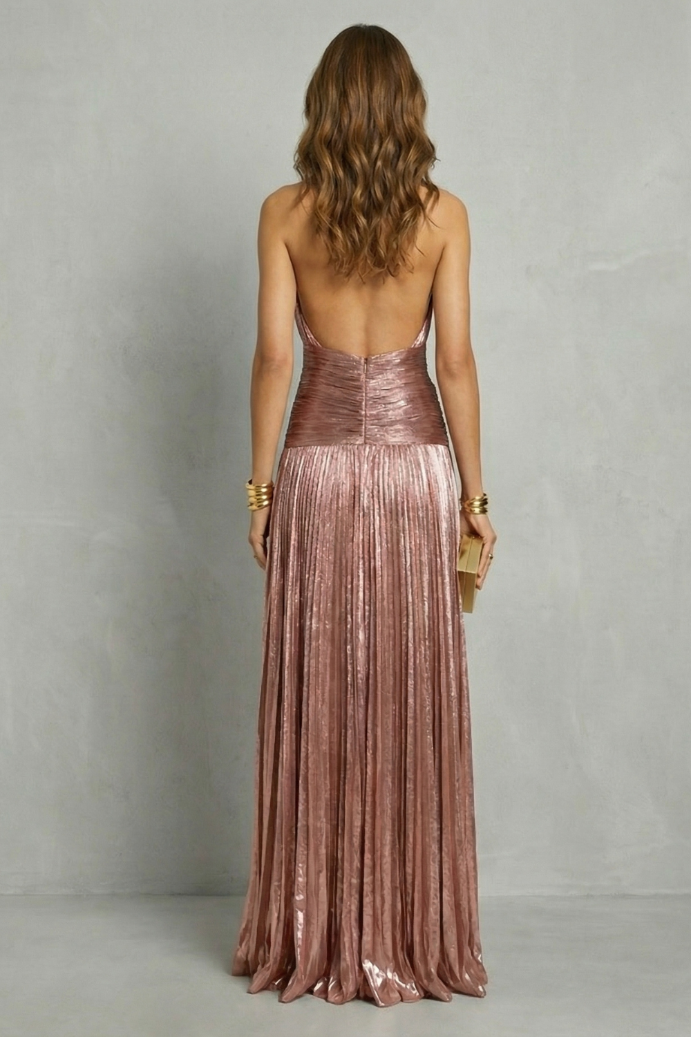 Olivia Harrison | Metallic Rose Halter Maxi Dress with Pleated Skirt