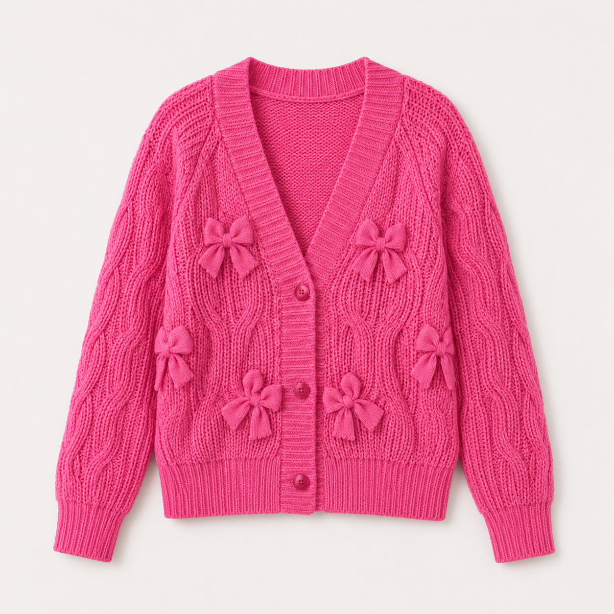 Lydia Campbell | Hot Pink Cable Knit Bow Cardigan