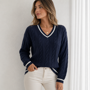 Lydia Campbell | Navy Cable Knit V-Neck Sweater