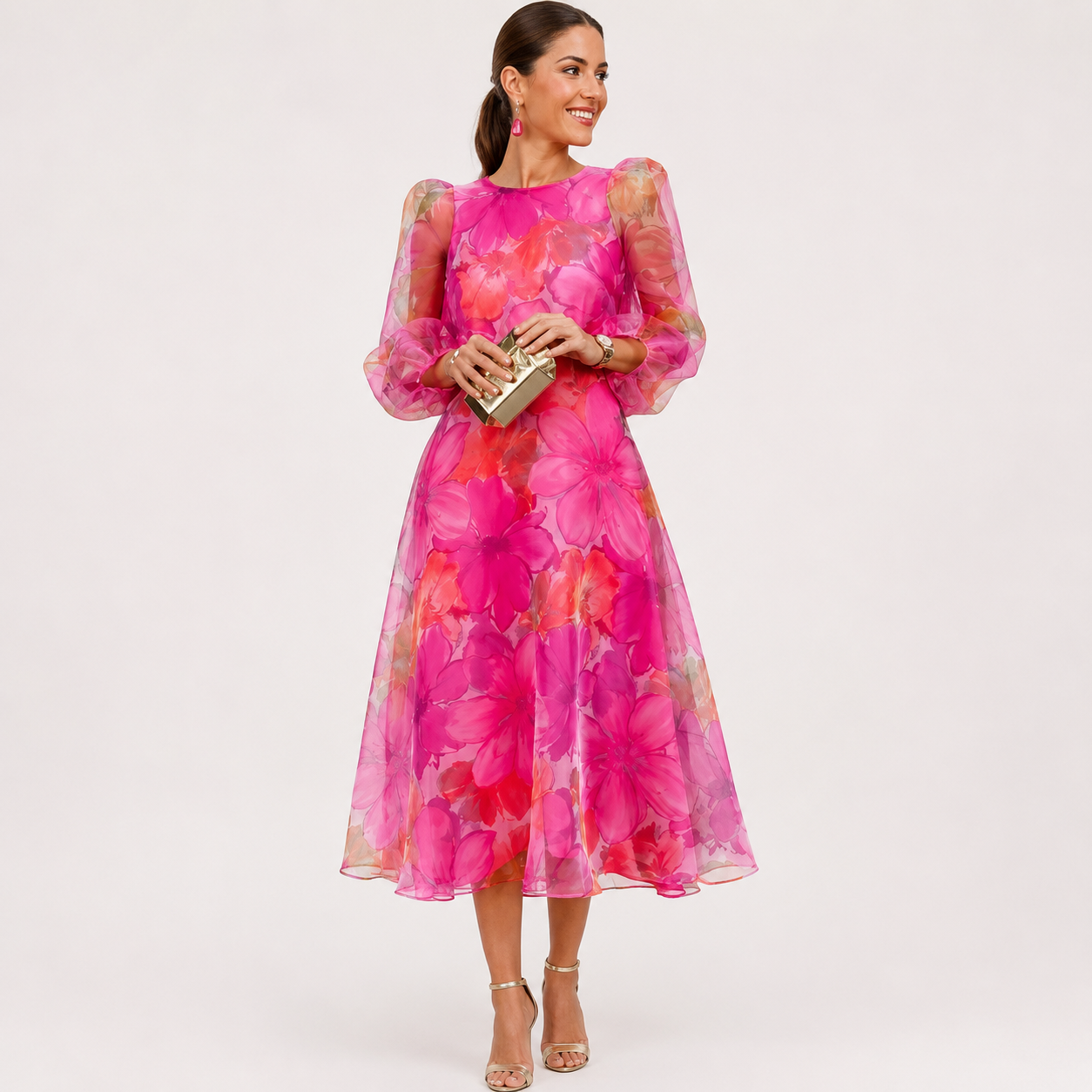 Lydia Harrison | Robe midi en organza à imprimé floral et manches bouffantes