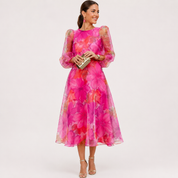 Lydia Harrison | Robe midi en organza à imprimé floral et manches bouffantes