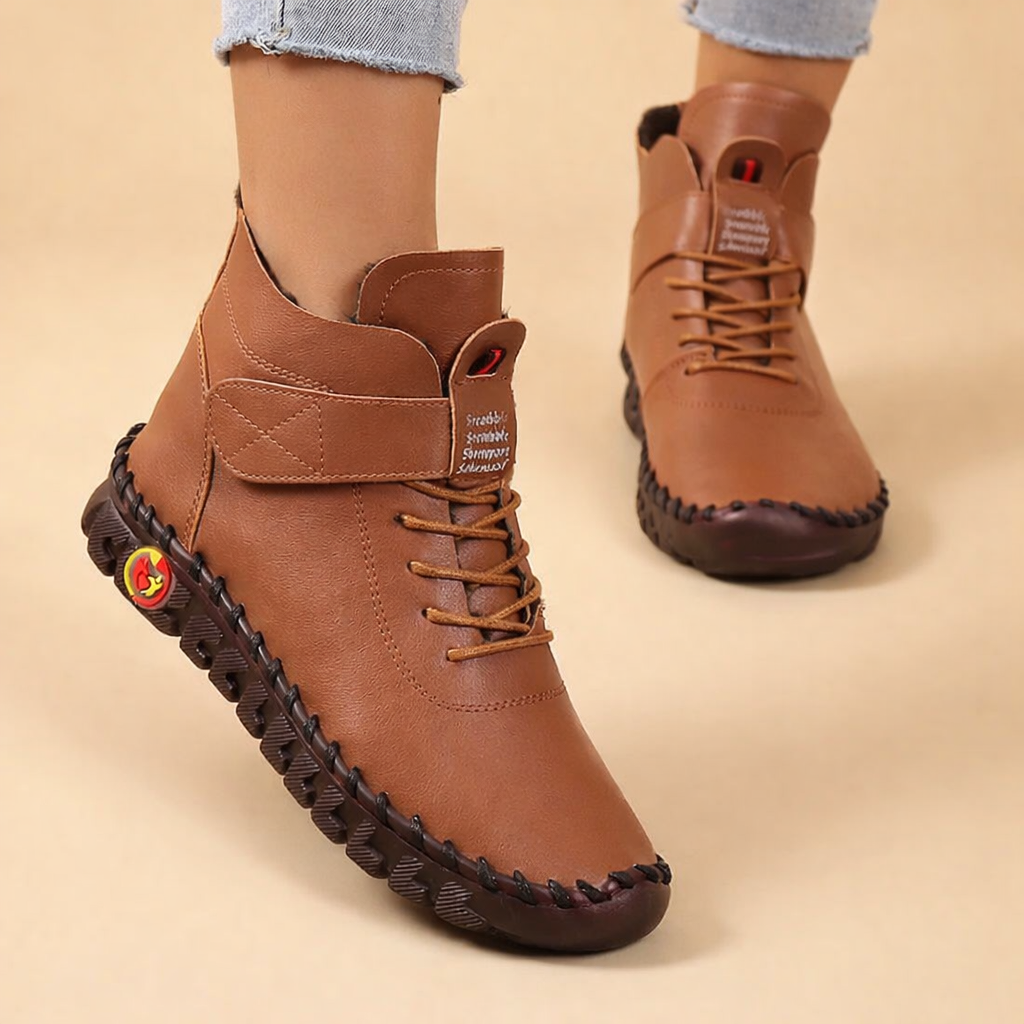 Rosie Fielding | Cream Leather Ankle Boots with Velcro Strap