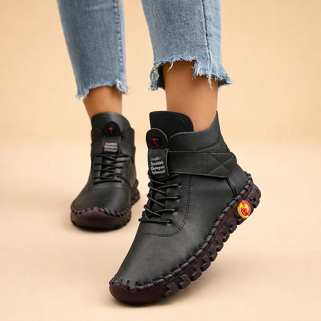 Rosie Fielding | Cream Leather Ankle Boots with Velcro Strap