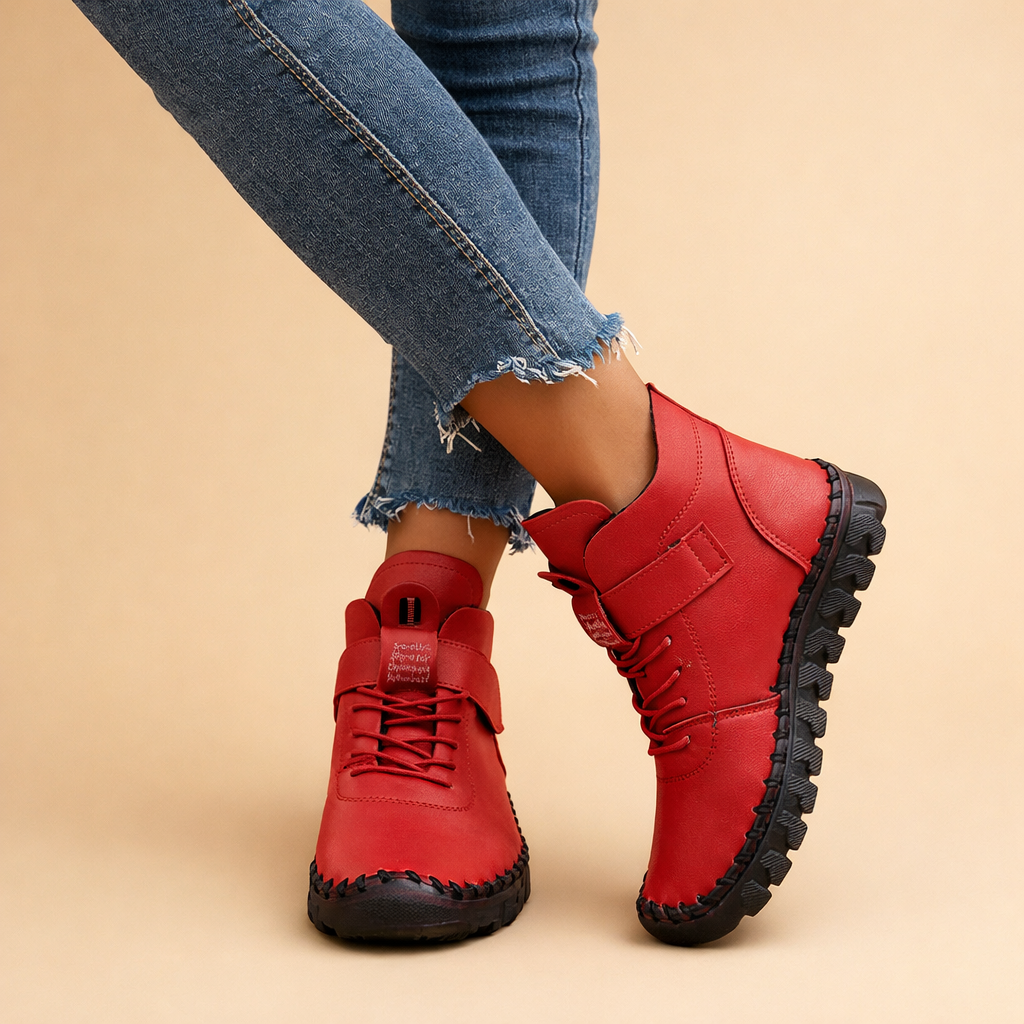 Rosie Fielding | Cream Leather Ankle Boots with Velcro Strap