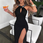 Seraphina Holcombe | Black Embellished Halter Maxi Dress