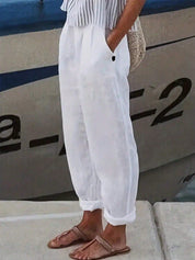 Sophia Marchetti | White Linen Trousers with Elastic Waist & Side Pockets