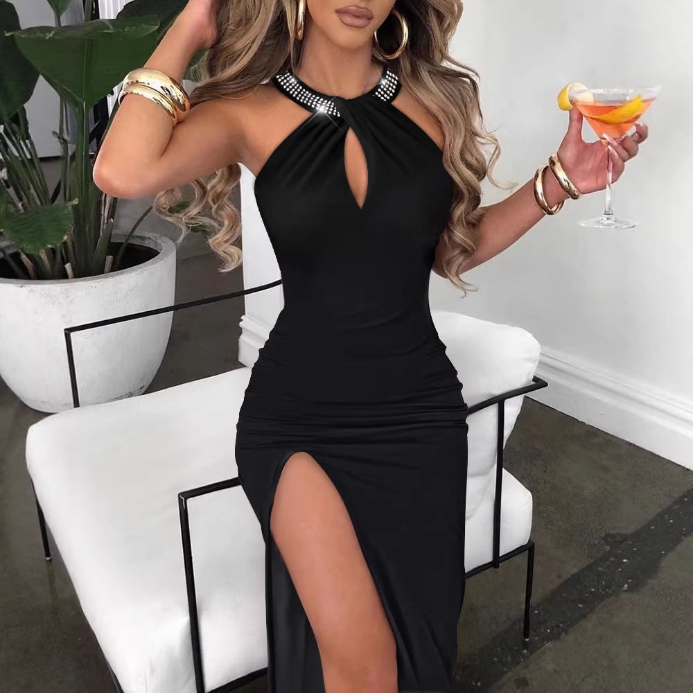 Seraphina Holcombe | Black Embellished Halter Maxi Dress