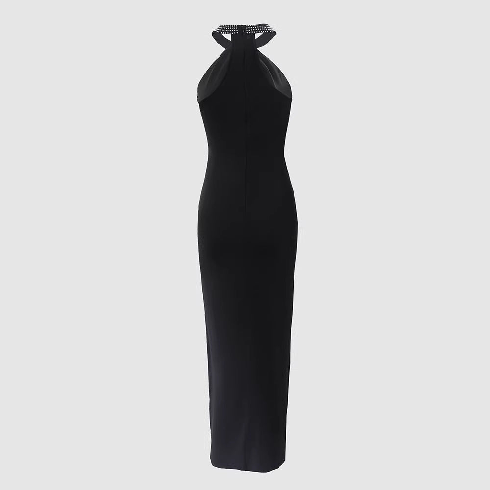 Seraphina Holcombe | Black Embellished Halter Maxi Dress