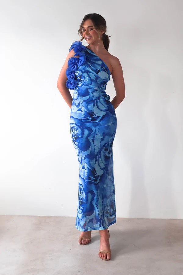 Vivienne Castleford | Floral One-Shoulder Maxi Dress in Blue