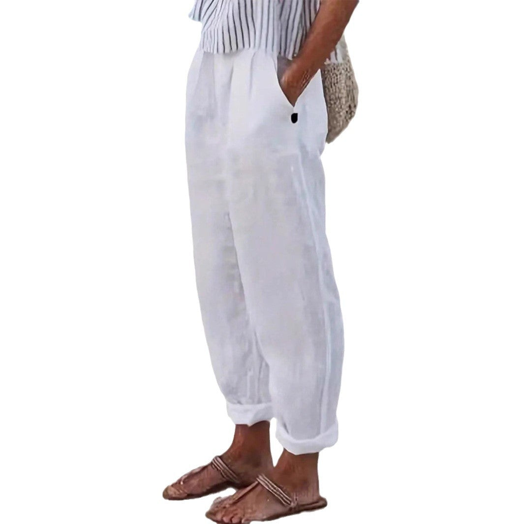 Sophia Marchetti | White Linen Trousers with Elastic Waist & Side Pockets