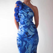Vivienne Castleford | Floral One-Shoulder Maxi Dress in Blue