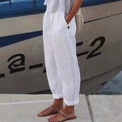 Sophia Marchetti | White Linen Trousers with Elastic Waist & Side Pockets