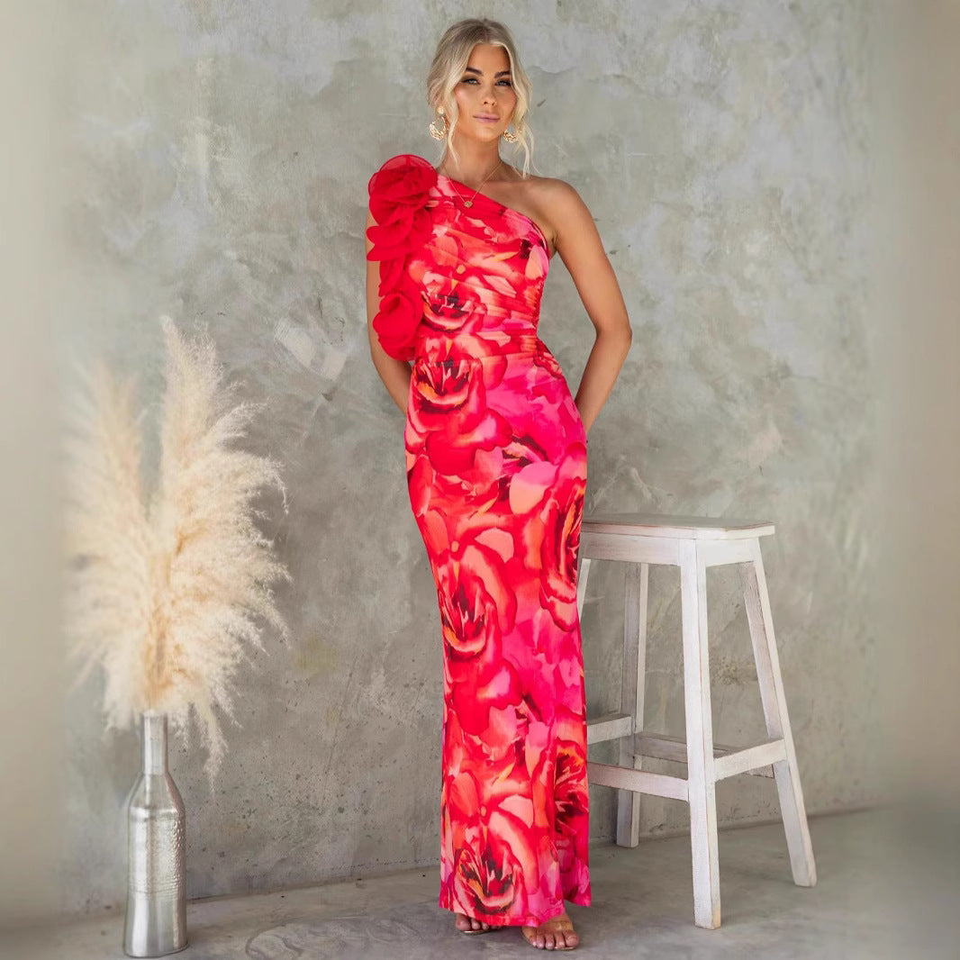 Vivienne Castleford | Floral One-Shoulder Maxi Dress in Blue