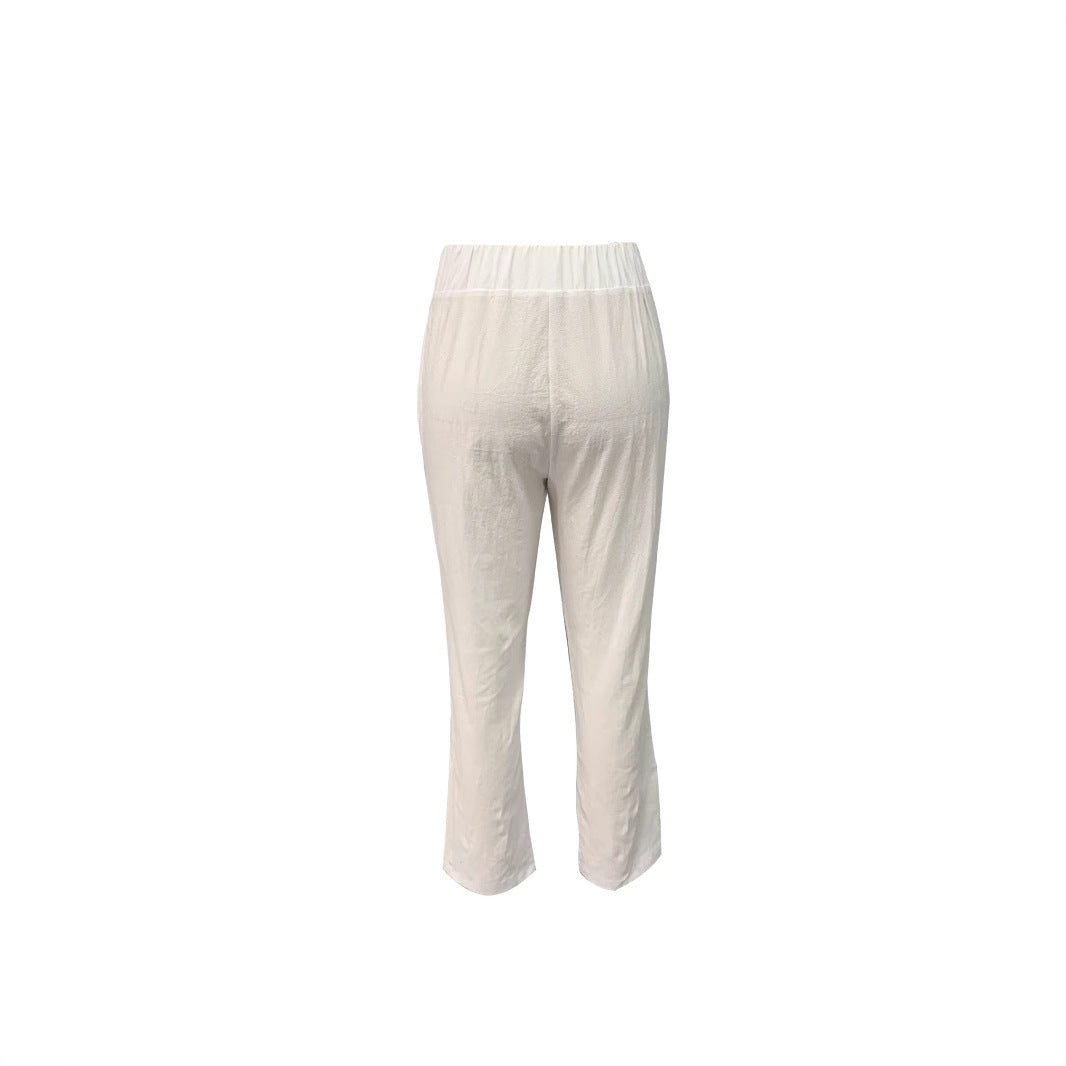 Sophia Marchetti | White Linen Trousers with Elastic Waist & Side Pockets