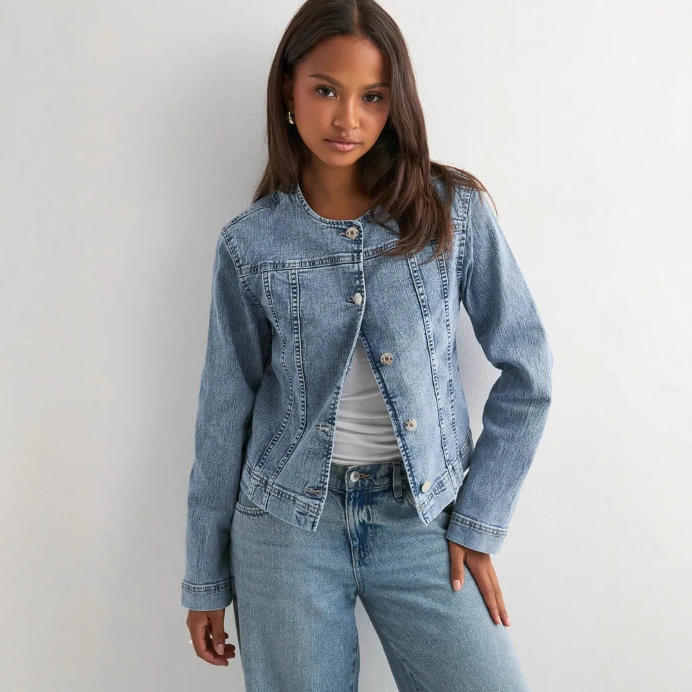 Marianne Colette | Collarless Denim Jacket Women Light Blue