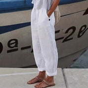 Sophia Marchetti | White Linen Trousers with Elastic Waist & Side Pockets