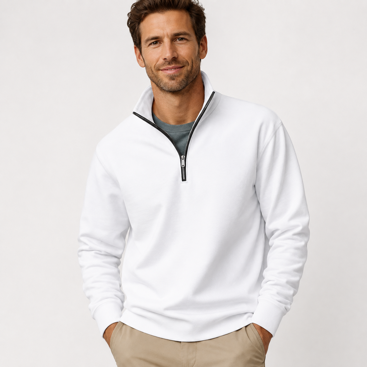 OliverBennettWhiteQuarter-ZipFleeceSweatshirtforMen-model.png