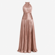 Olivia Harrison | Metallic Rose Halter Maxi Dress with Pleated Skirt
