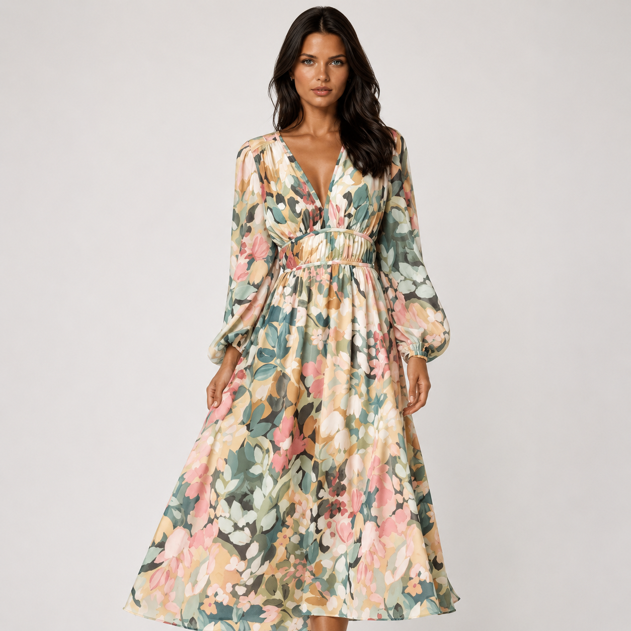 Olivia Turner | Robe midi à imprimé floral, décolleté en V et manches bouffantes