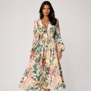 Olivia Turner | Robe midi à imprimé floral, décolleté en V et manches bouffantes