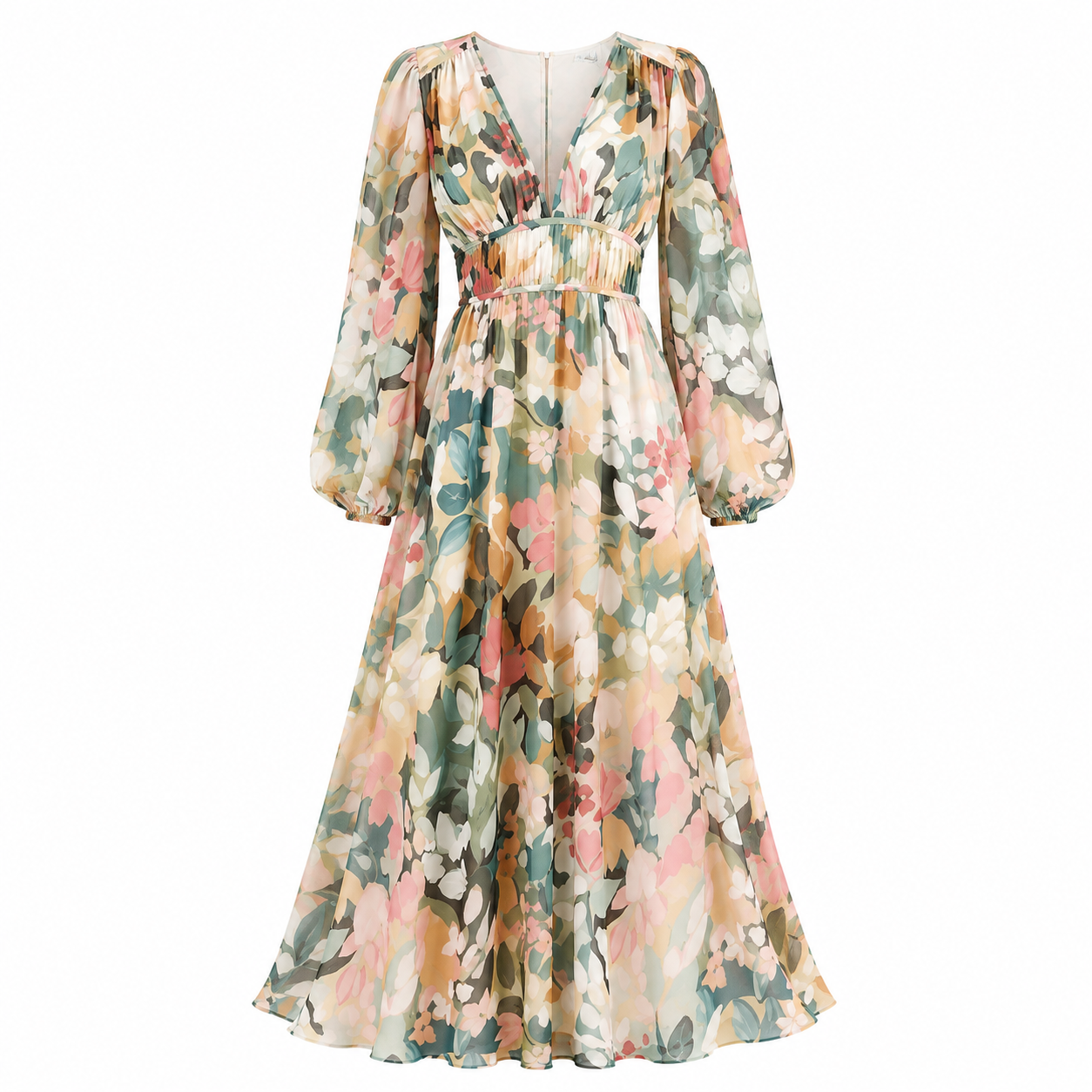 Olivia Turner | Robe midi à imprimé floral, décolleté en V et manches bouffantes