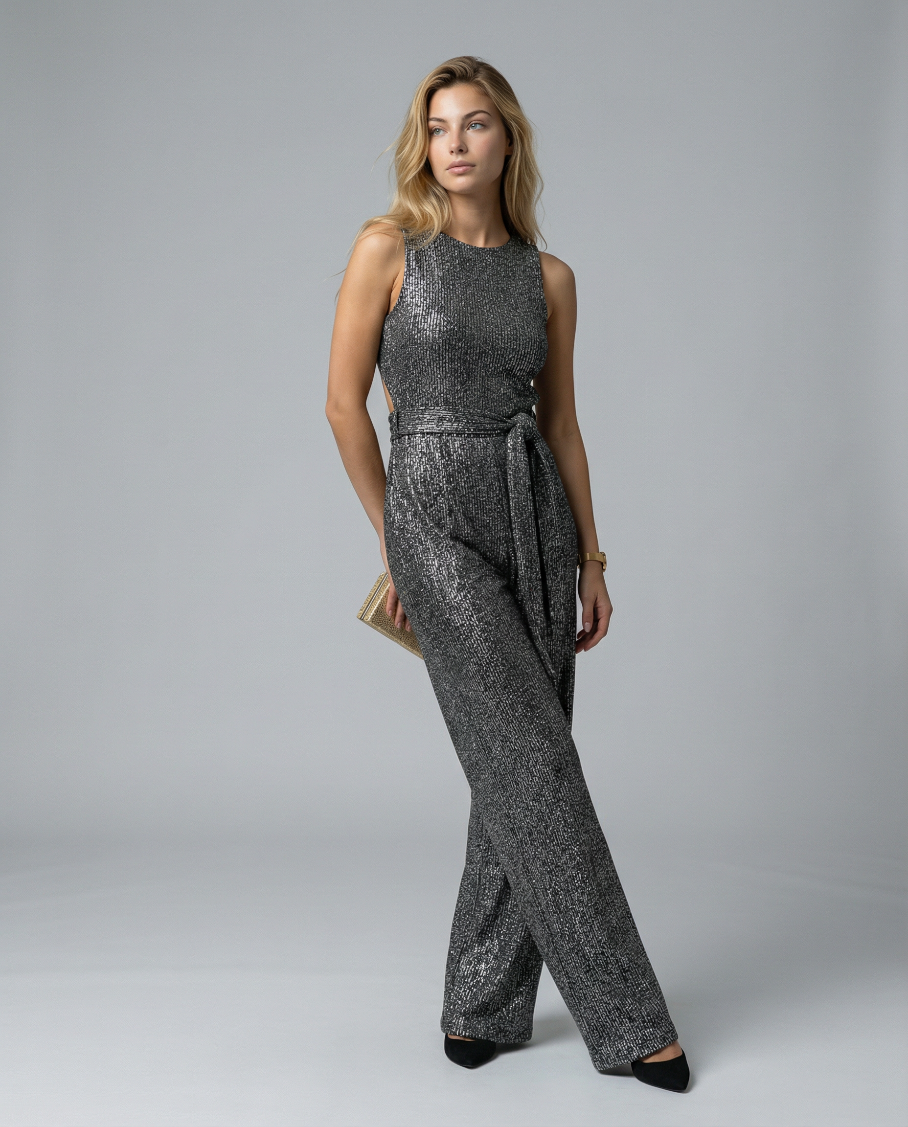 Felicity Brown | Gold Sequin Wide-Leg Jumpsuit for Women
