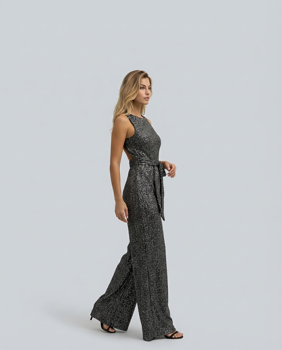 Felicity Brown | Gold Sequin Wide-Leg Jumpsuit for Women