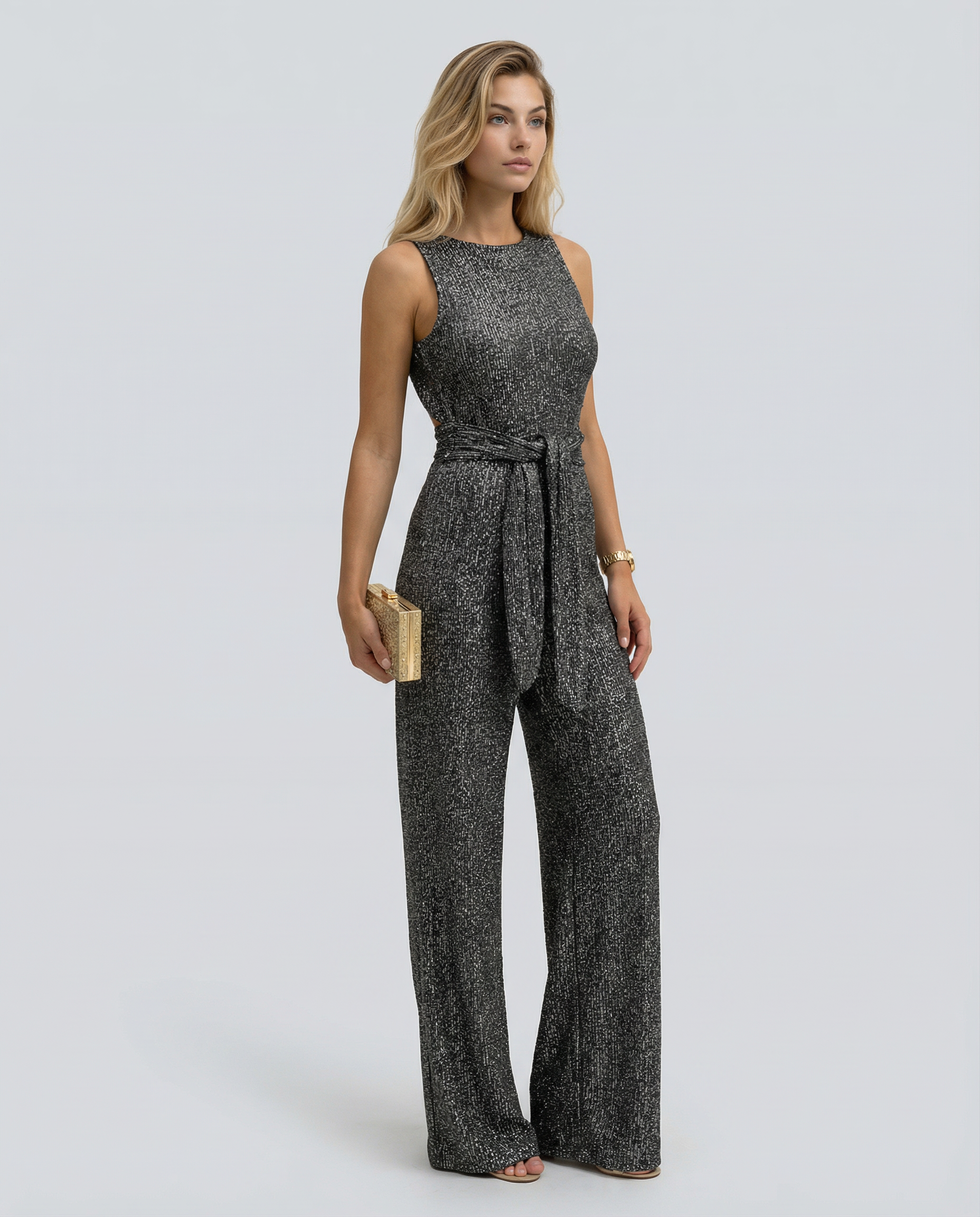 Felicity Brown | Gold Sequin Wide-Leg Jumpsuit for Women