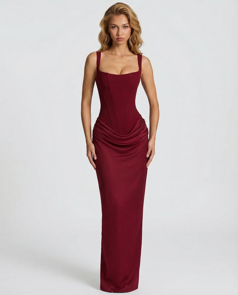 Felicity Wood | Robe longue marron en satin avec corset