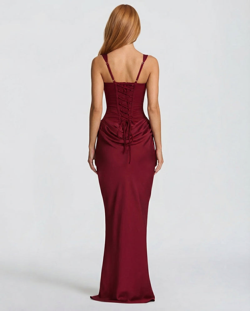 Felicity Wood | Robe longue marron en satin avec corset