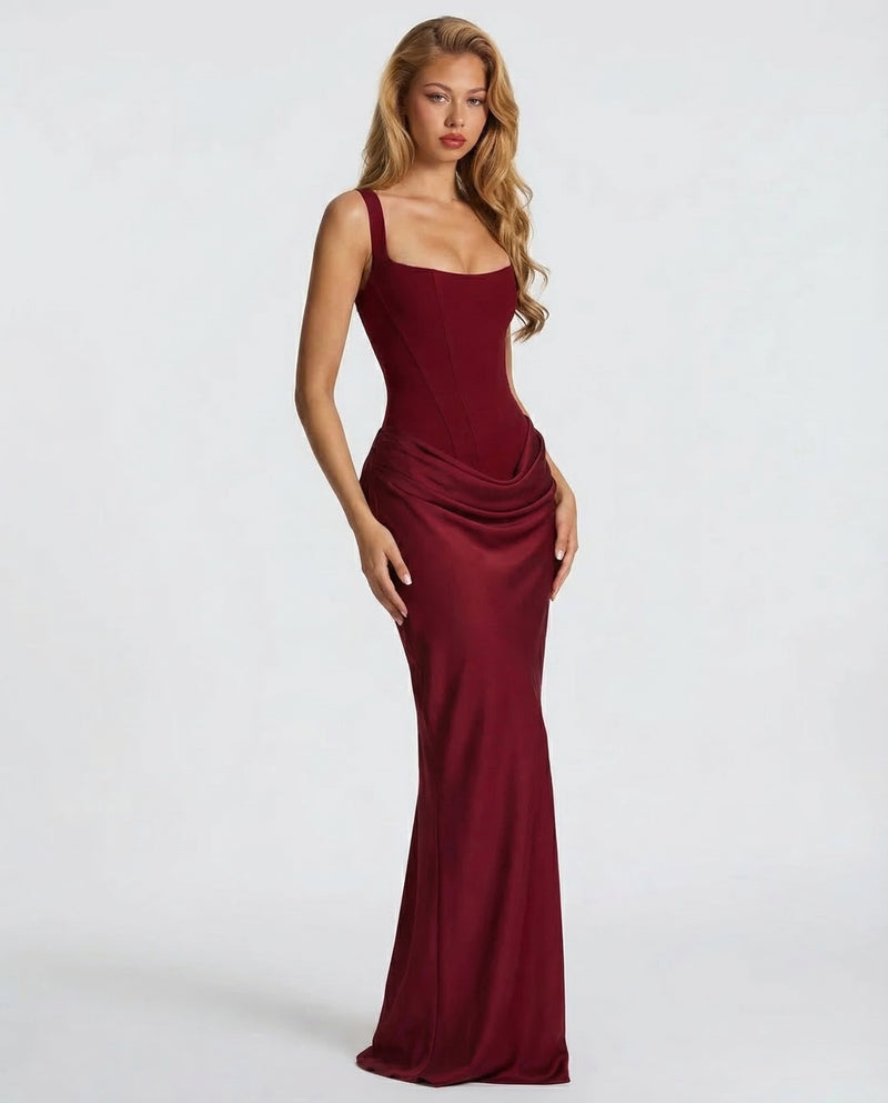 Felicity Wood | Robe longue marron en satin avec corset