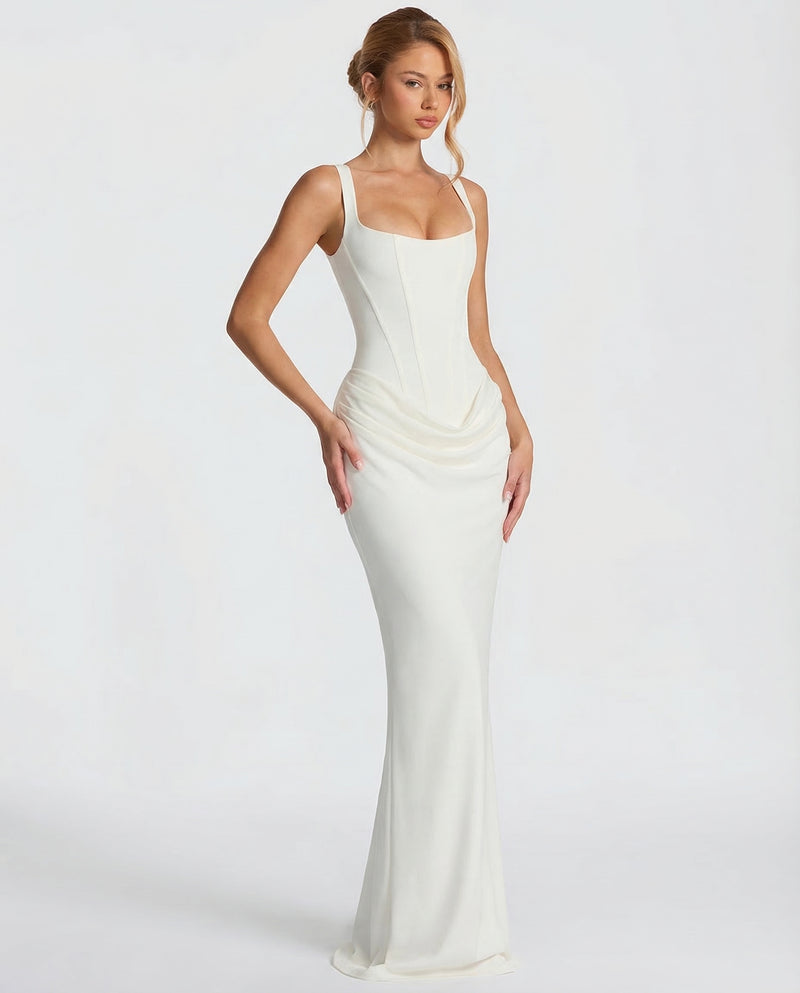 Felicity Wood | Robe longue marron en satin avec corset