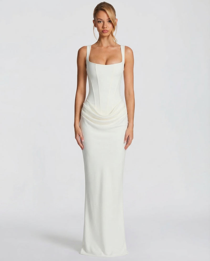 Felicity Wood | Robe longue marron en satin avec corset