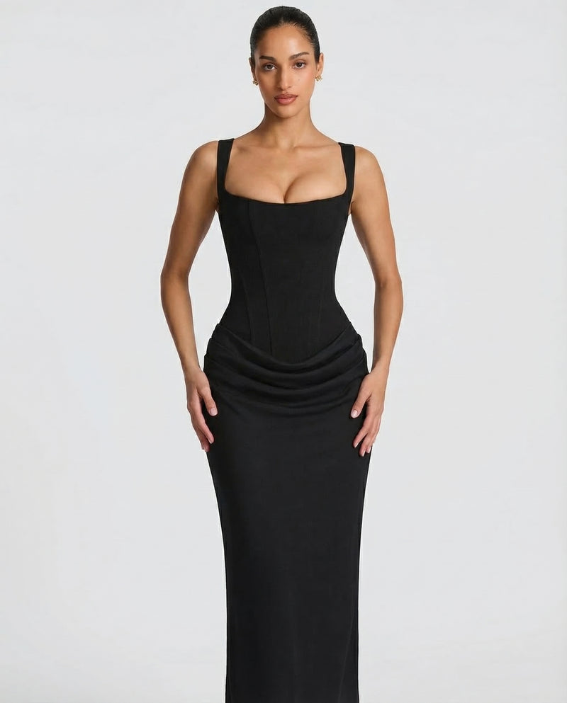 Felicity Wood | Robe longue marron en satin avec corset