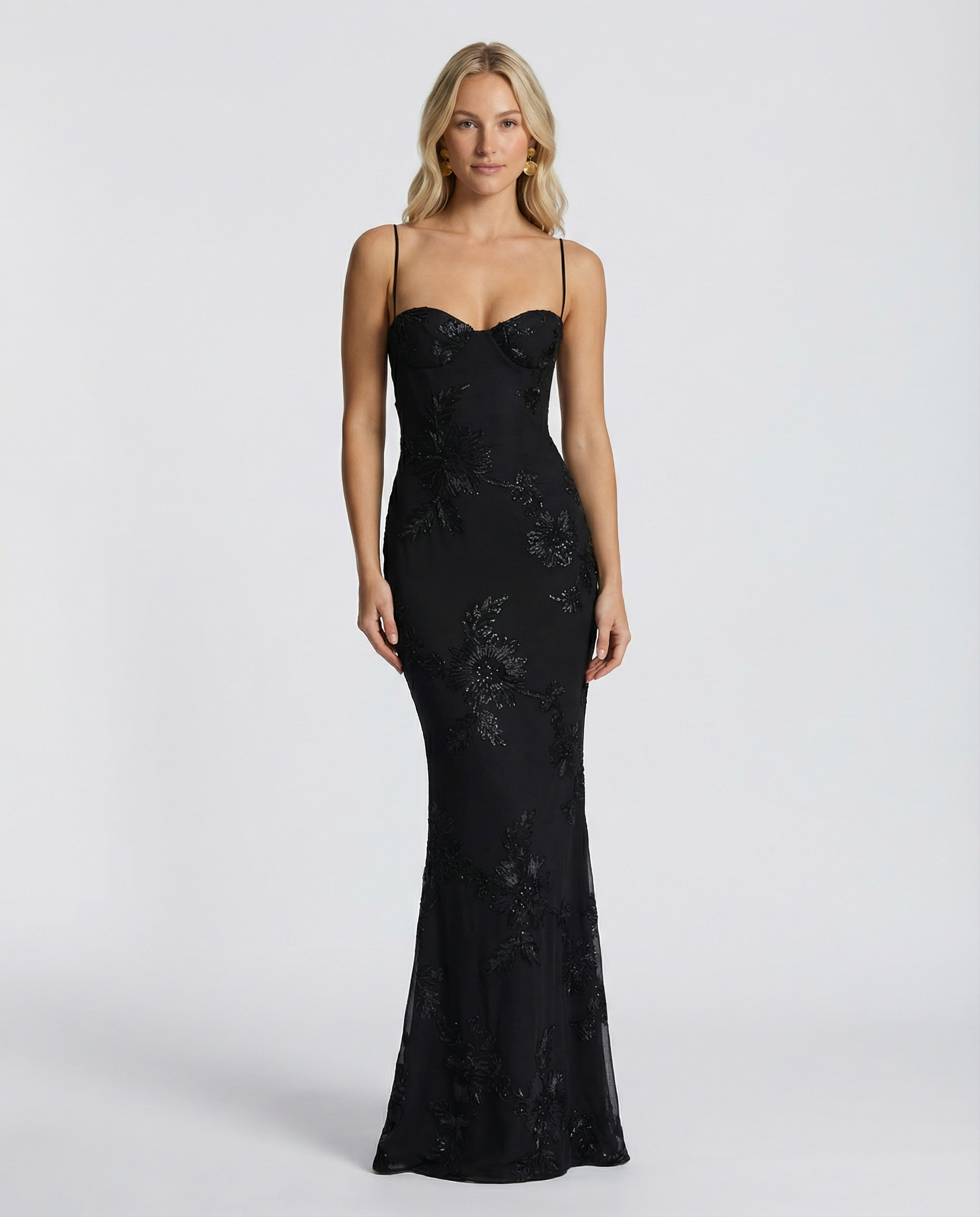 Robe longue sirène dorée brodée de fleurs, Matilda Jones