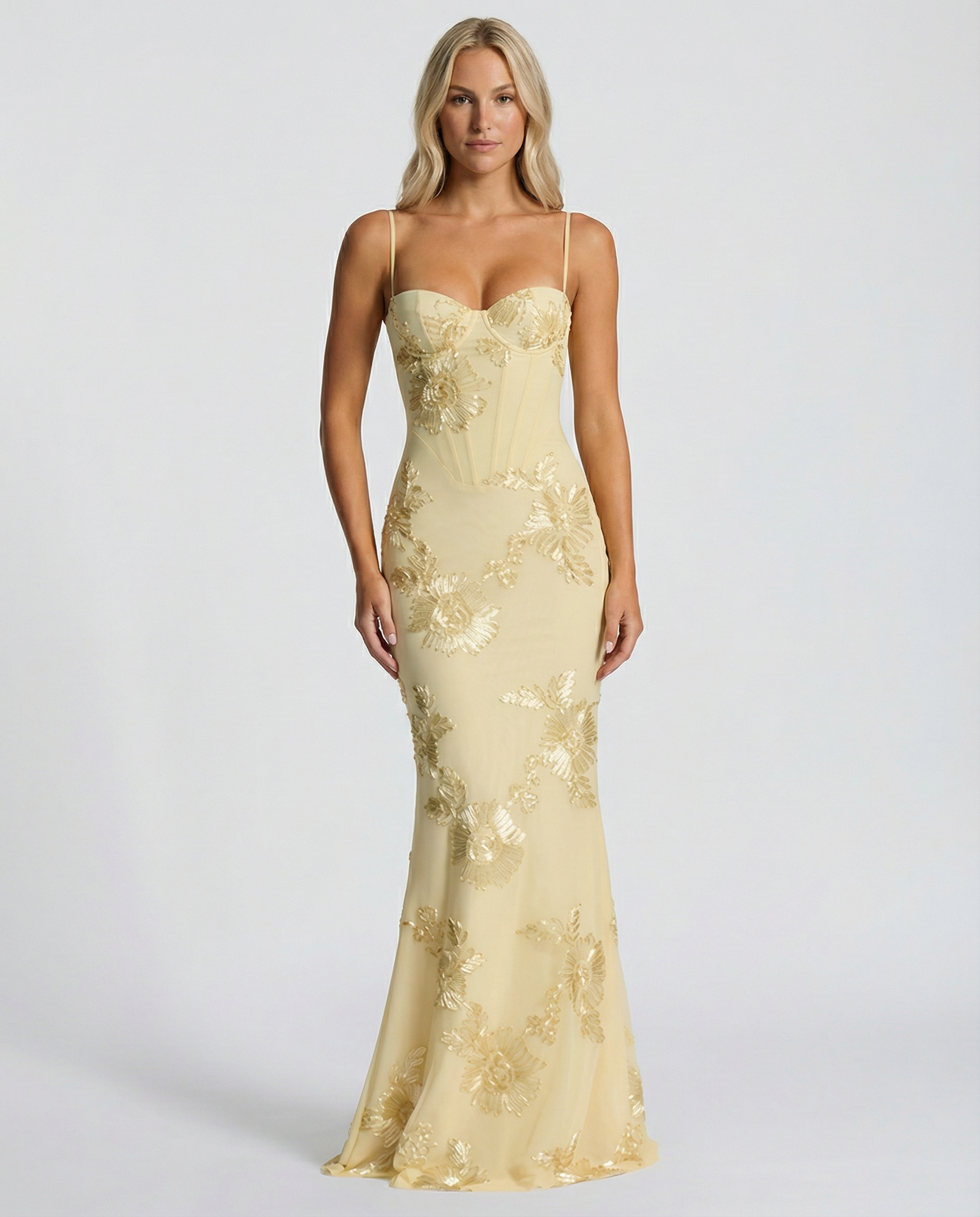 Robe longue sirène dorée brodée de fleurs, Matilda Jones