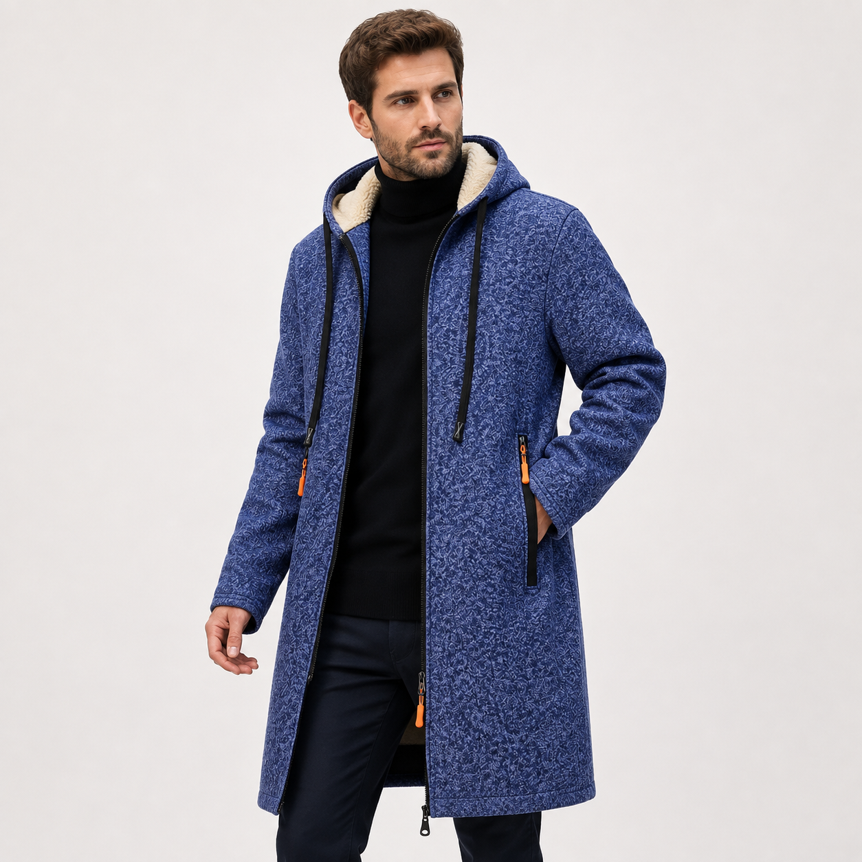 Penelope Scott | Manteau long à capuche en polaire bleu chiné